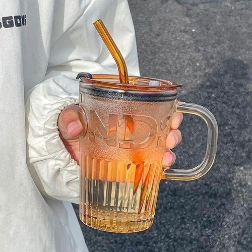 Verre à boire avec couvercle et paille, lot de 1, verres à boire, gobelets, tasses à café, thé glacé, avec poignée, anti-fuite, transparent, gobelets polyvalents pour jus, cocktails, maison, bureau
