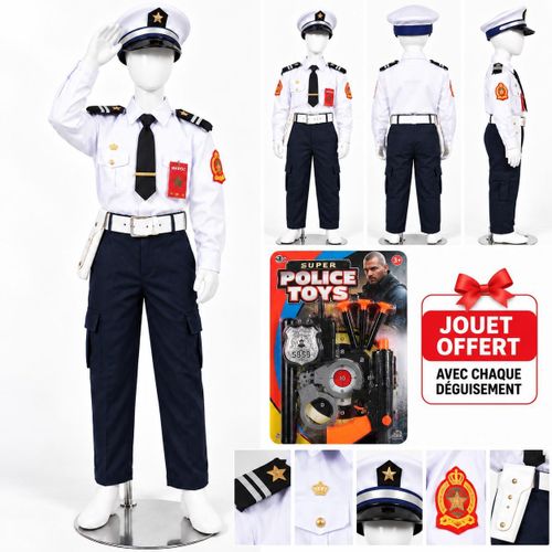 Déguisement Policier Enfant Maroc – Costume Blanc avec Casquette, Cravate, Ceinture et Jouet Offert