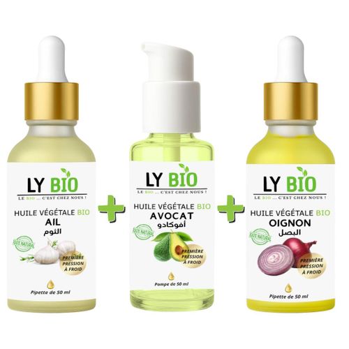 PACK HUILE AIL 50ML - PIPETTE + HUILE AVOCAT 50ml - POMPE + HUILE OIGNON 50ML - PIPETTE