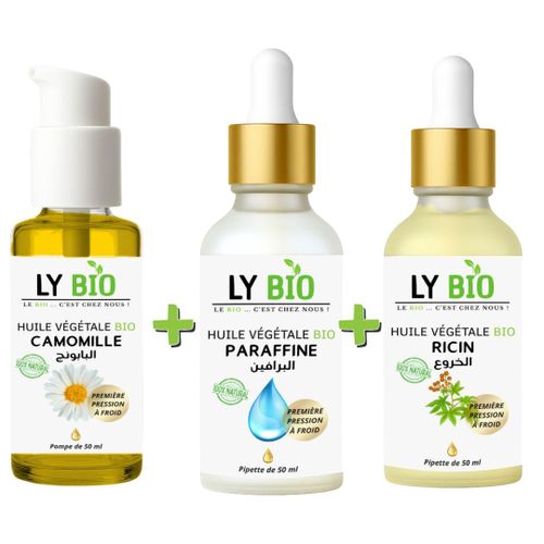 PACK HUILE CAMOMILLE 50ML - POMPE HUILE PARAFFINE 50ML - PIPETTE HUILE RICIN 50ml - PIPETTE