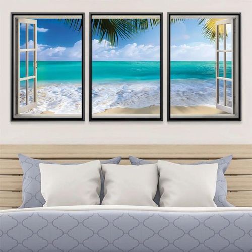 Tableau Décoratif Lot de 3 – Vue Fenêtre sur Plage Tropicale – Toile Murale Mer Turquoise et Palmiers