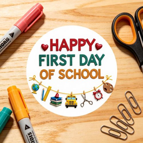 24pcs/48pcs Stickers de Bureau Ronds Blancs Texte Premier Jour de Classe Magnifique avec Bus Scolaire Ciseaux Globe Règle Livres Réveil Palette d'Impression pour Cahier d'Étudiant Agenda Décoration Fournitures