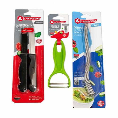 Pack Ustensiles de Cuisine 11 Pièces – 4 Couteaux, Éplucheur de Légumes et 6 Fourchettes en Acier Inoxydable