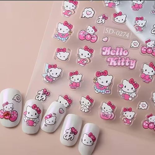 Stickers pour ongles Hello Kitty rose à nœud - Design adorable, idéal pour les manucures, décorations d'ongles inspirées des animés, stickers pour ongles, accessoires de manucure, styles d'ongles ludiques, stickers longue tenue