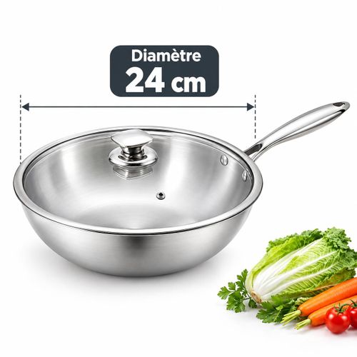 Poêle en Inox avec Couvercle en Verre – Diamètre 24 cm – Compatible Tous Feux