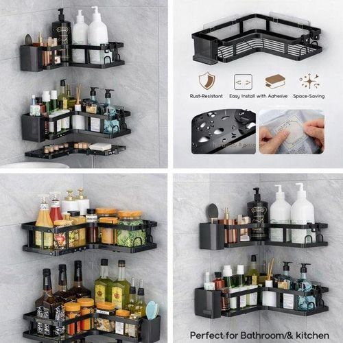 Étagère d’Angle Cuisine et Salle de Bain 3 Niveaux avec Crochets – Organisateur de Rangement Métal – Support Cuisine et Salle de Bain