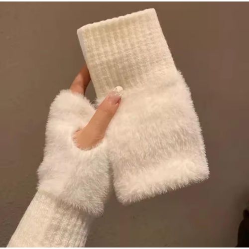 Gants Demi-Doigts Femme Blancs en Peluche – Mitaines Chaudes Hiver Luxe