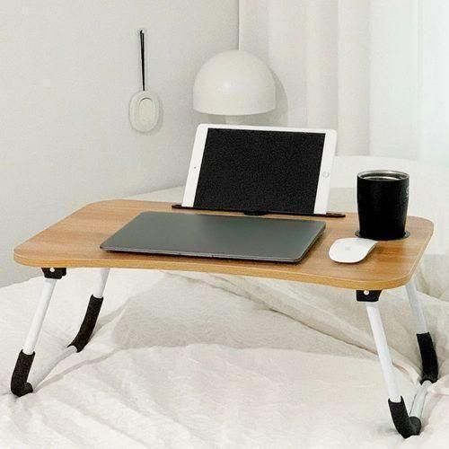 table de lit pour ordinateur portable avec pieds pliables et fente pour tasse, support de lecture, support de petit déjeuner, plateau de livre pour canapé, lit,