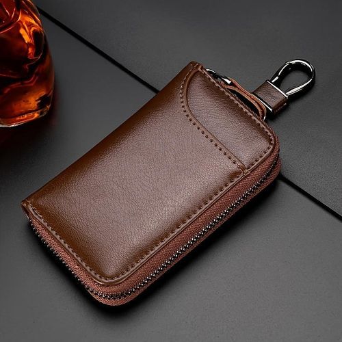Étui Porte-Clés Multifonction en Cuir Marron - Pochette Zippée pour Clés de Voiture & Cartes