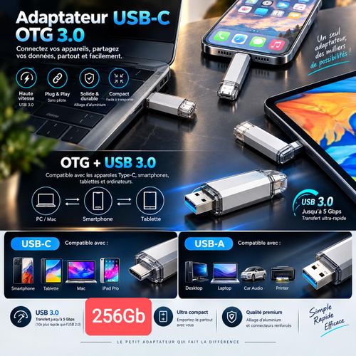 cle 256GB Smart Phone pc Tablet OTG USB Flash Memory TYPE C sd Pen Drive