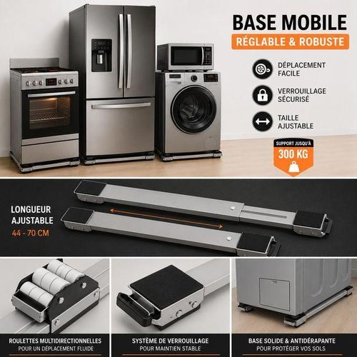 Base Mobile Réglable à Roulettes pour Électroménager – Universelle, Robuste et Extensible, Support Déplaçable pour Machine à Laver, Réfrigérateur et Meubles
