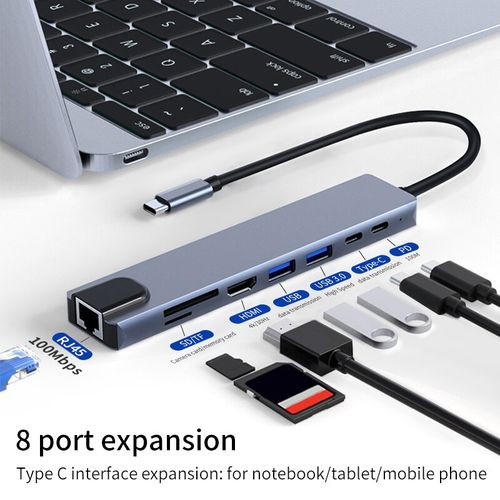 HUB USB-C 8 En 1 Type C 3.1 à 4K, HDMI ,RJ45, Lecteur Carte SD/TF, Charge Rapide