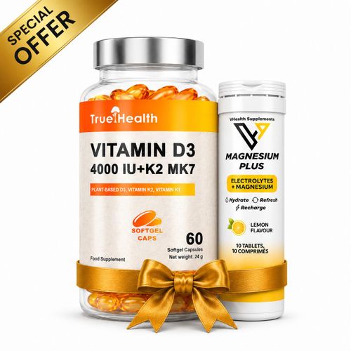 Pack Vitamine D3 4000 IU + K2 MK7 – 60 Softgels Caps + Electrolytes Plus Magnesium - Citron 10 Comprimés Effervescents