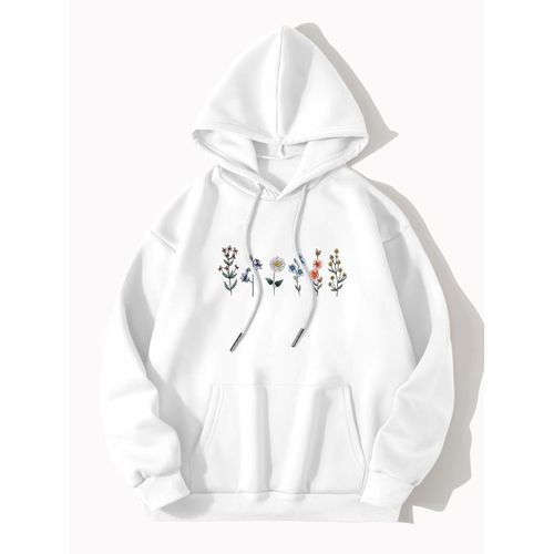 Sweat à capuche vintage pour femme avec imprimé floral et poche kangourou - Sweat-shirt à manches longues, gris clair avec motif floral coloré, vêtement décontracté pour l'extérieur et le quotidien en automne/hiver, sweat-shirts mignons