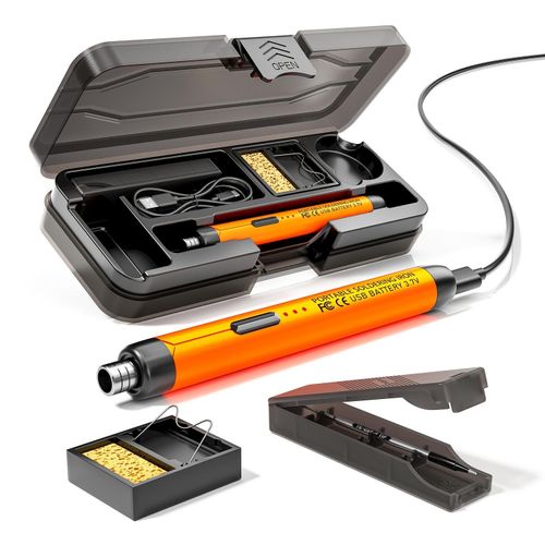 Kit Fer à Souder Sans Fil USB 3 Réglages de Chauffage,Orange Chargeable pendant l'Utilisation avec Support, Éponge et Boîte de Rangement