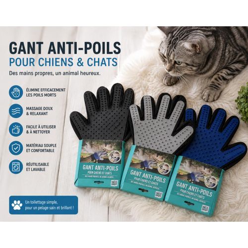 Gant de toilettage gant de brosse pour chat gant anti-chute double face gant d'épilation pour chien, outil de massage avec conception à cinq doigts, convient aux chats, chiens, lapins et chevaux à poils longs courts et bouclés