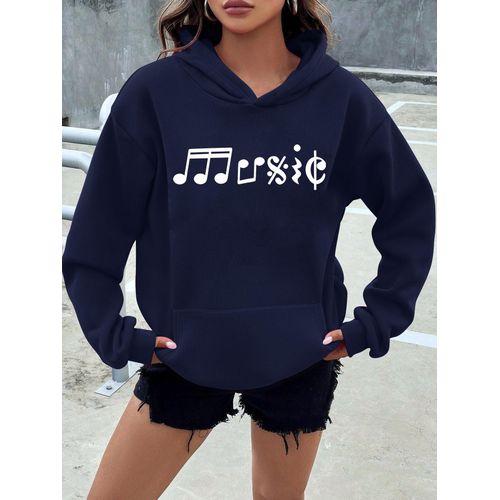 Sweat à capuche décontracté pour femme avec motif de notes de musique et de lettres créatives - Pull confortable et ample, lavable en machine, sweat-shirt doux à manches longues pour l'automne/hiver, avec design, sweat à capuche décontracté Sweat à ca
