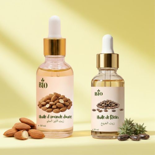 Ensemble Huile de amande douce 50 ml et Huile de ricin 30 ml usage peau cheveux