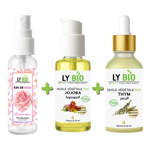 مجموعة LYBIO ماء الورد 100 مل + زيت جوجوبا 50 مل - بمضخة + زيت زعتر 50 مل - بقطارة