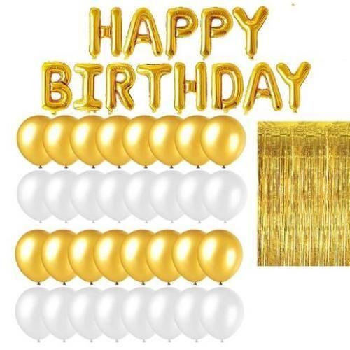Happy Birthday + 20 Ballons Doré & Blanc 31cm + Rideau Doré 2M/1M