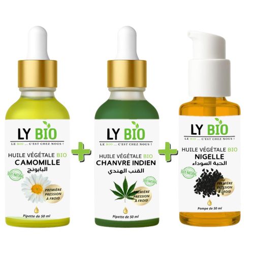 PACK HUILE CAMOMILLE 50ML - PIPETTE + HUILE HYDRATANTE & NUTRITIVE 50ML - PIPETTE + HUILE NIGELLE 50ML - POMPE