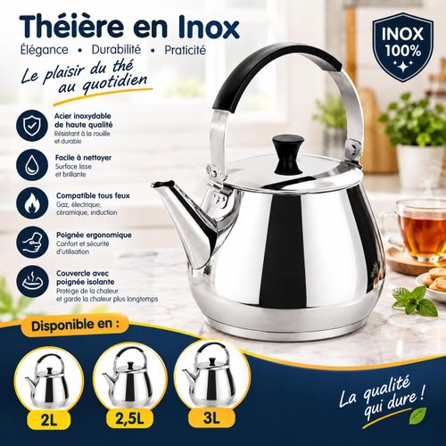 Théière en Inox avec Couvercle et Poignée Ergonomique – Disponible en 2L, 2,5L et 3L