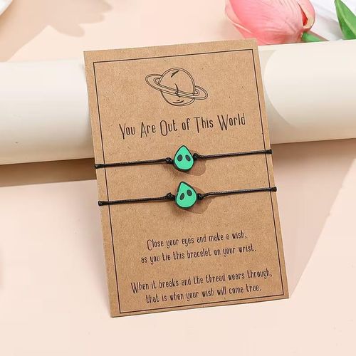 Lot de 2 Bracelets Tête d'Alien Ajustables Style Y2K - Noir & Vert