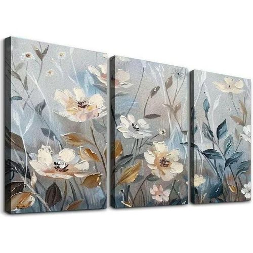 Tableau floral 3 pièces fleurs crème et feuillage bleu-vert style peinture artistique pour décoration murale salon