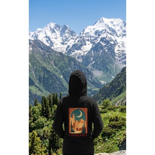 Hoodie noir, 1 pièce uniquement, motif voyage CASABLANCA avec croissant de lune, style urbain décontracté