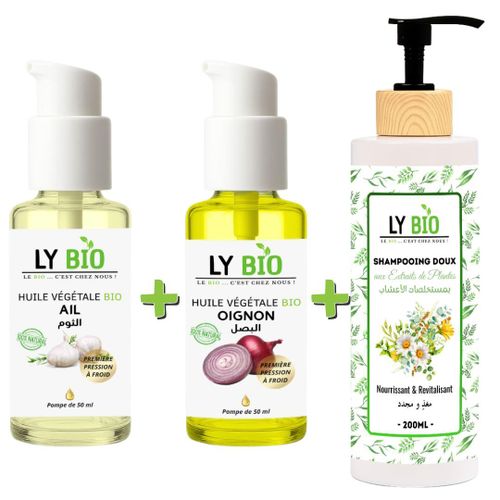 PACK HUILE AIL 50ML - POMPE + HUILE OIGNON 50ML - POMPE + SHAMPOOING AUX EXTRAITS DE PLANTES 200ML