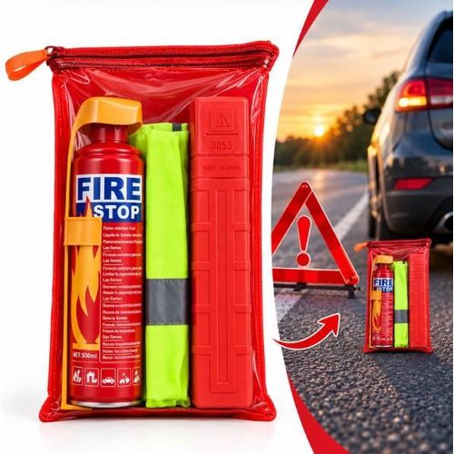 Kit de Sécurité Routière pour Voiture – Triangle de Signalisation, Gilet Réfléchissant, Extincteur et Pochette de Rangement