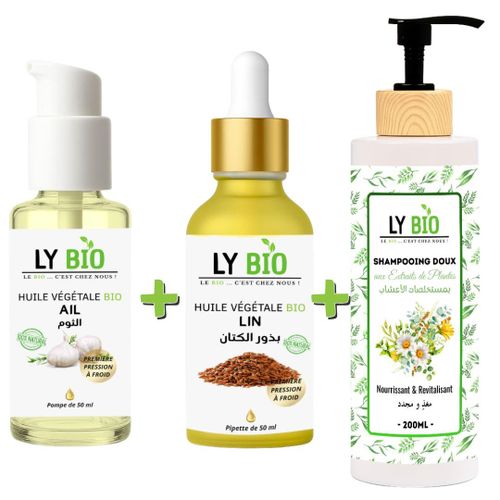 PACK HUILE AIL 50ML - POMPE + HUILE LIN 50ML - PIPETTE + SHAMPOOING AUX EXTRAITS DE PLANTES 200ML