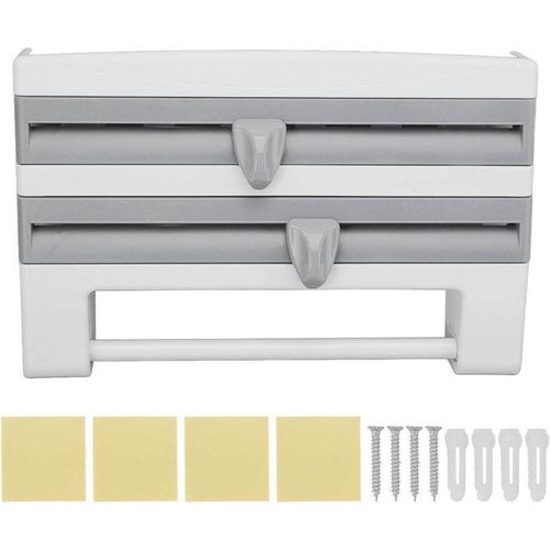 Support mural multifonction pour cuisine en ABS gris bleu avec distributeur de film alimentaire porte-rouleau et espace de rangement intégré