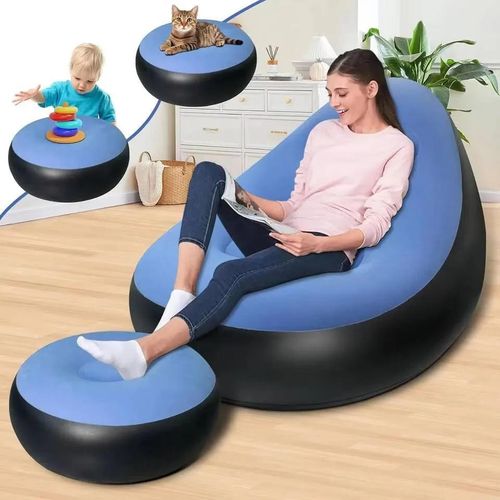 Canapé Gonflable Avec Repose-Pieds, Fauteuil Gonflable Pliable, Chaise Longue Confortable, Siège Portable PVC Floqué, Idéal Camping, Plage, Jardin, Salon.