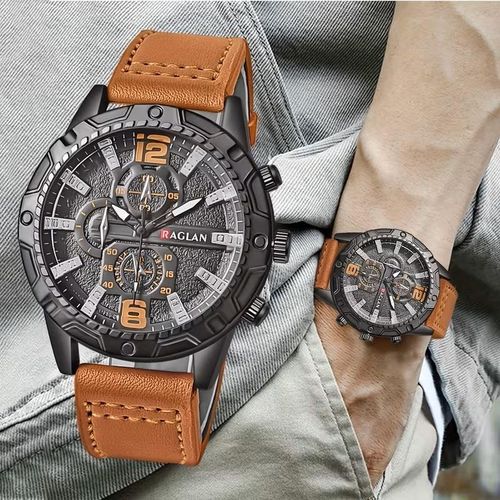 Montre Homme Vintage Sport Chronographe Quartz – Bracelet Marron en PU, Cadran Noir