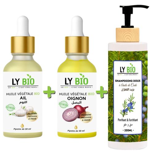 PACK HUILE AIL 50ML - PIPETTE + HUILE OIGNON 50ML - PIPETTE + SHAMPOOING A L'HUILE DE CADE 200ML