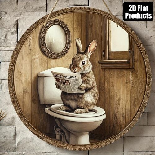 2D Plat, 1pc, Peinture Décorative Rondue en Bois, Thème Lapin, Convient pour Bar Cuisine Café Maison Salon Bureau Décoration, Décoration Maison, Cadeau Vacances, 20.32x20.32cm