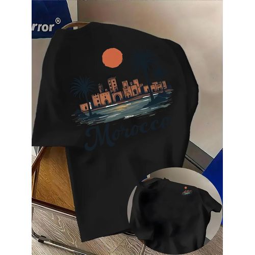 T-shirt décontracté imprimé pour homme - Motif Côte du château antique du Maroc, Afrique du Nord - Tissu léger et respirant, convient pour un usage quotidien et les vacances, lavable en machine, haut décontracté, tendance mode urbaine, coupe confort