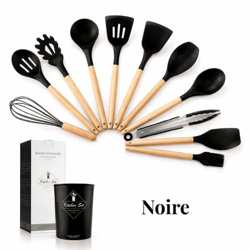 Set d’ustensiles de cuisine en silicone et bois – 12 pièces, résistant à la chaleur, incluant cuillères, pince, pinceau et fouet, design élégant et pratique pour toutes les préparations