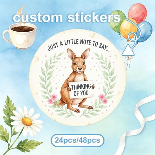 24/48 autocollants personnalisés, motif kangourou mignon, style aquarelle, texte Je pense à toi avec couronne florale, décoration de note cadeau