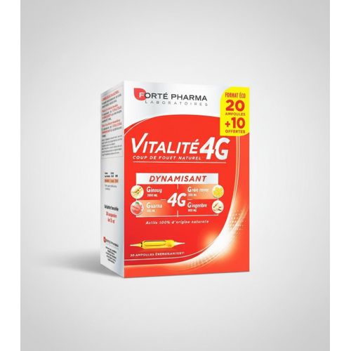 Vitalité 4G , Gelée Royale, Guarana, Gingembre - Dynamisant & Anti-Fatigue - 30 Ampoules (20 + 10 Offertes)