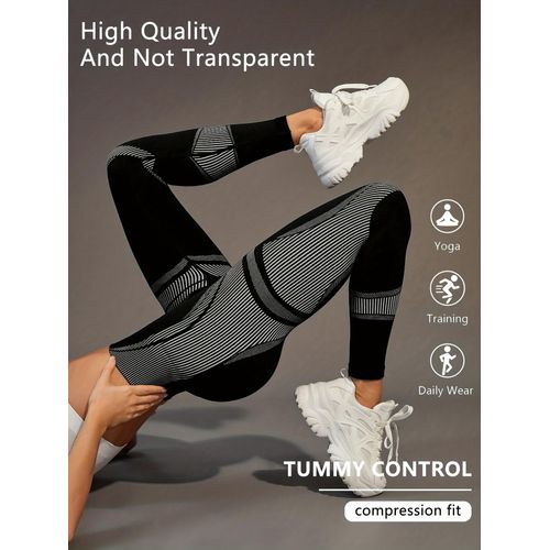Legging Femme Taille Haute à Rayures Contrastées Noir & Blanc – Coupe Longue
