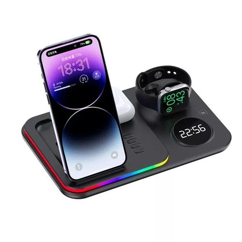 chargeur sans fil 5 en 1, réveil lumineux RGB station de charge rapide 30W pour iWatch, airpods, iphone