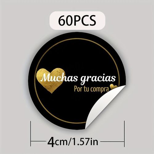 60 ملصق شكر بقلب ذهبي بالإسبانية ملصقات دائرية أنيقة لتقدير العملاء وتغليف الهدايا التجارية