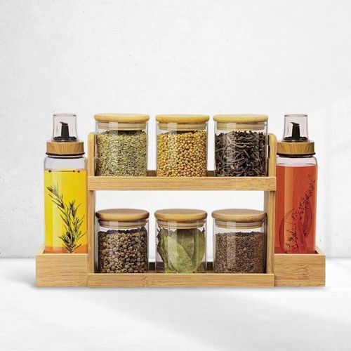 Italy Home Design RANGEMEMENT ET ORGANISATEUR 8 PIÈCES AVEC BOITES À ÉPICES EN VERRE ET COUVERCLE AN BAMBOU NATUREL