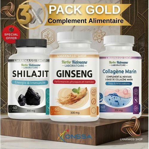 Pack Gold x3 Gin-seng, Shilajit, Collagéne Marine /Soin pour la peau Capsules multi-collagène Poisson Complément alimentaire Capsules multi-collagène marin Poisson.