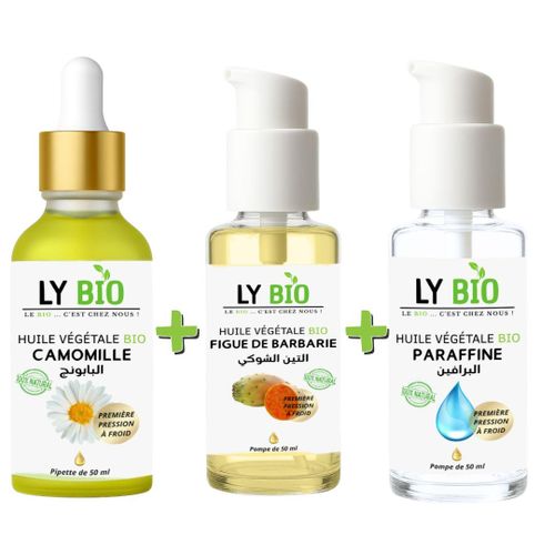 PACK HUILE CAMOMILLE 50ML - PIPETTE HUILE FIGUE DE BARBARIE 50ML - POMPE HUILE PARAFFINE 50ML - POMPE