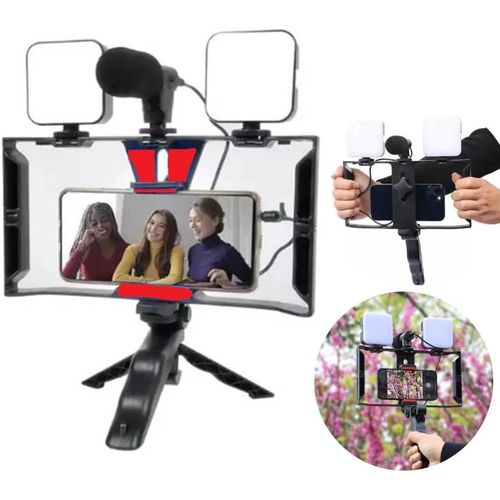 5 in 1 Video Rig Camera Cage Mount Holder Stabilizer Handle Grip with Shotgun Microphone Mic + LED Light Kit for Any Mobile Phone For Filmmaking...