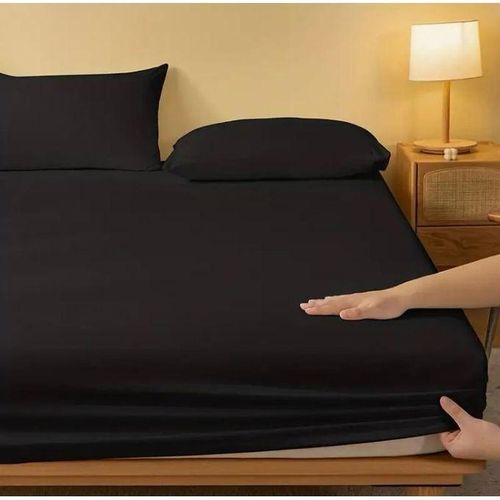 Drap Housse noir 160*200 cm de lit avec bande super doux + 2 Taie d'oreiller