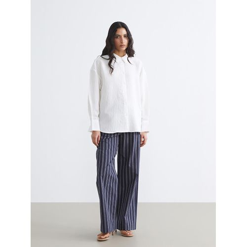 Pantalon Femme à Taille Élastique en Mélange de Lin Rayé